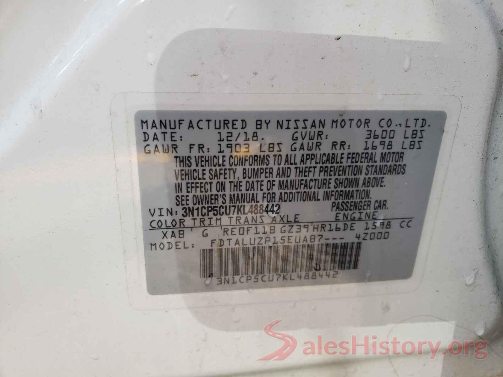 3N1CP5CU7KL488442 2019 NISSAN KICKS