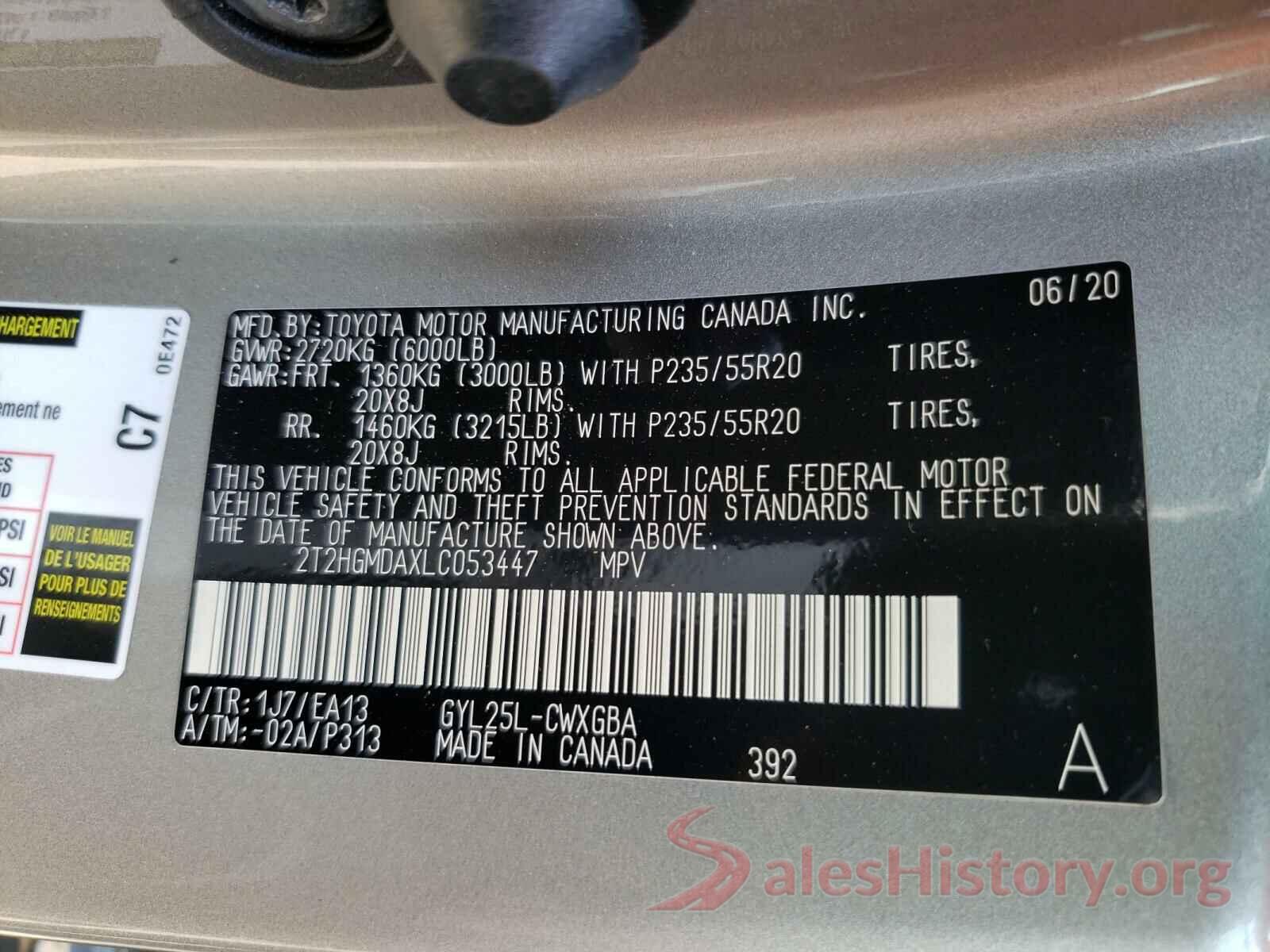 2T2HGMDAXLC053447 2020 LEXUS RX450