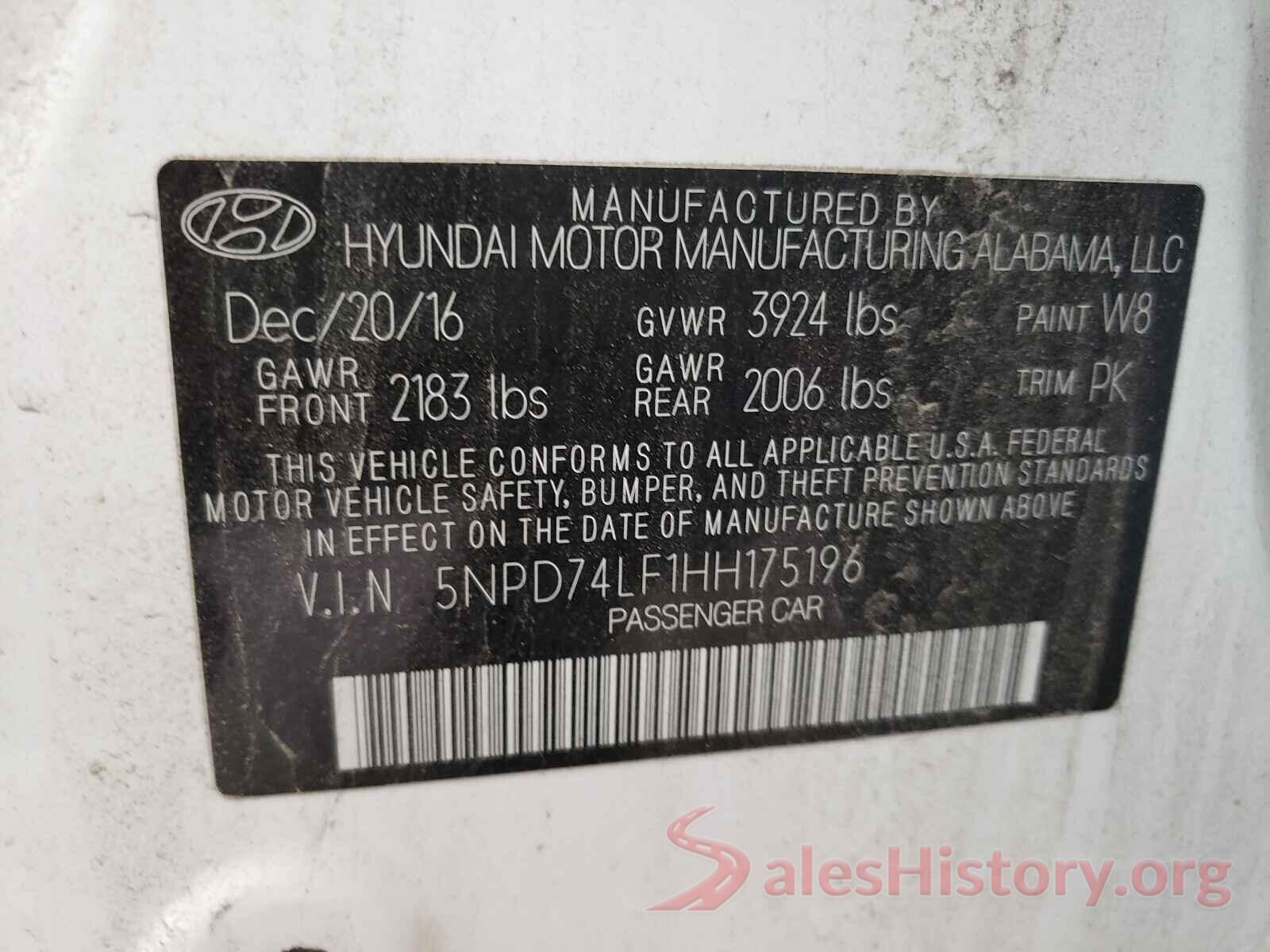 5NPD74LF1HH175196 2017 HYUNDAI ELANTRA