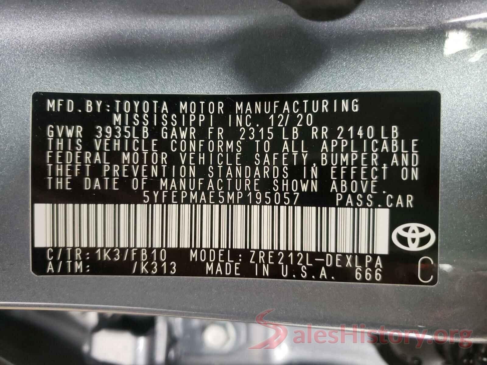 5YFEPMAE5MP195057 2021 TOYOTA COROLLA