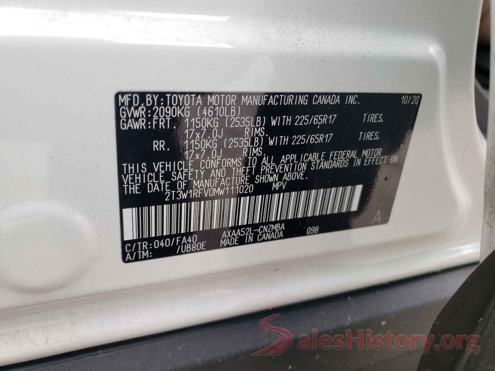 2T3W1RFV0MW111020 2021 TOYOTA RAV4