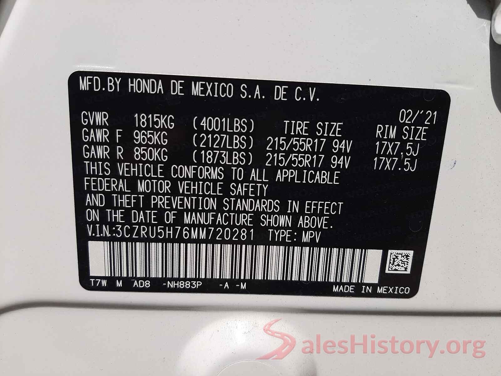 3CZRU5H76MM720281 2021 HONDA HR-V