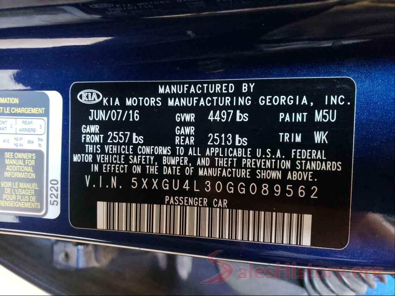 5XXGU4L30GG089562 2016 KIA OPTIMA