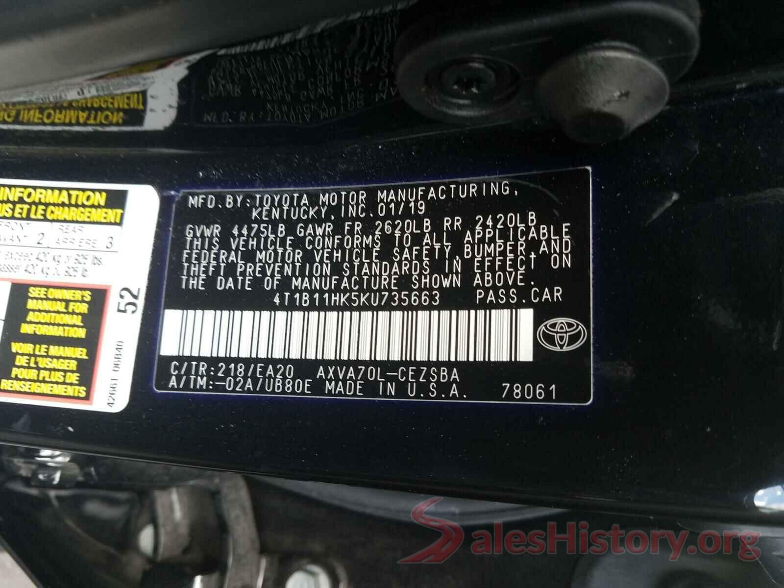 4T1B11HK5KU735663 2019 TOYOTA CAMRY