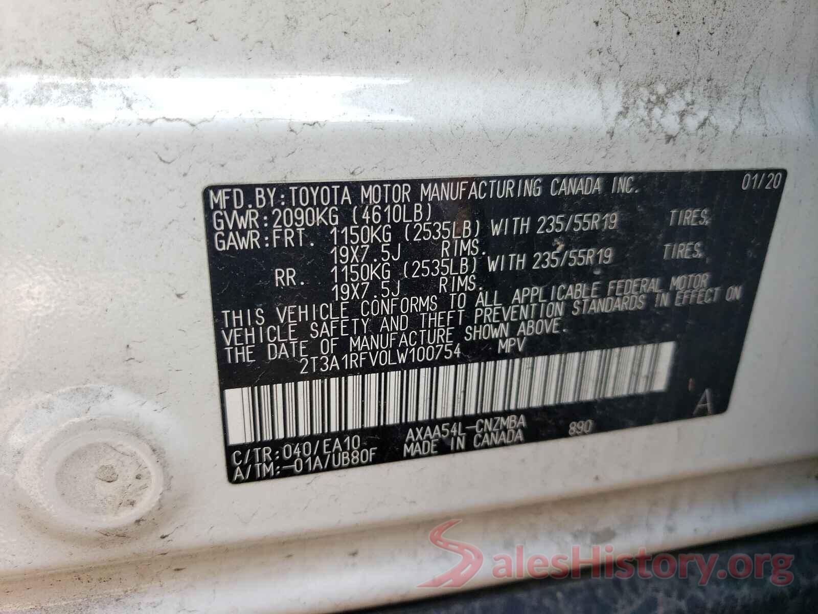 2T3A1RFV0LW100754 2020 TOYOTA RAV4