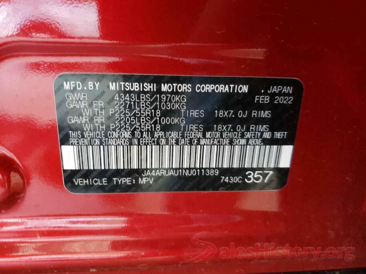 JA4ARUAU1NU011389 2022 MITSUBISHI OUTLANDER