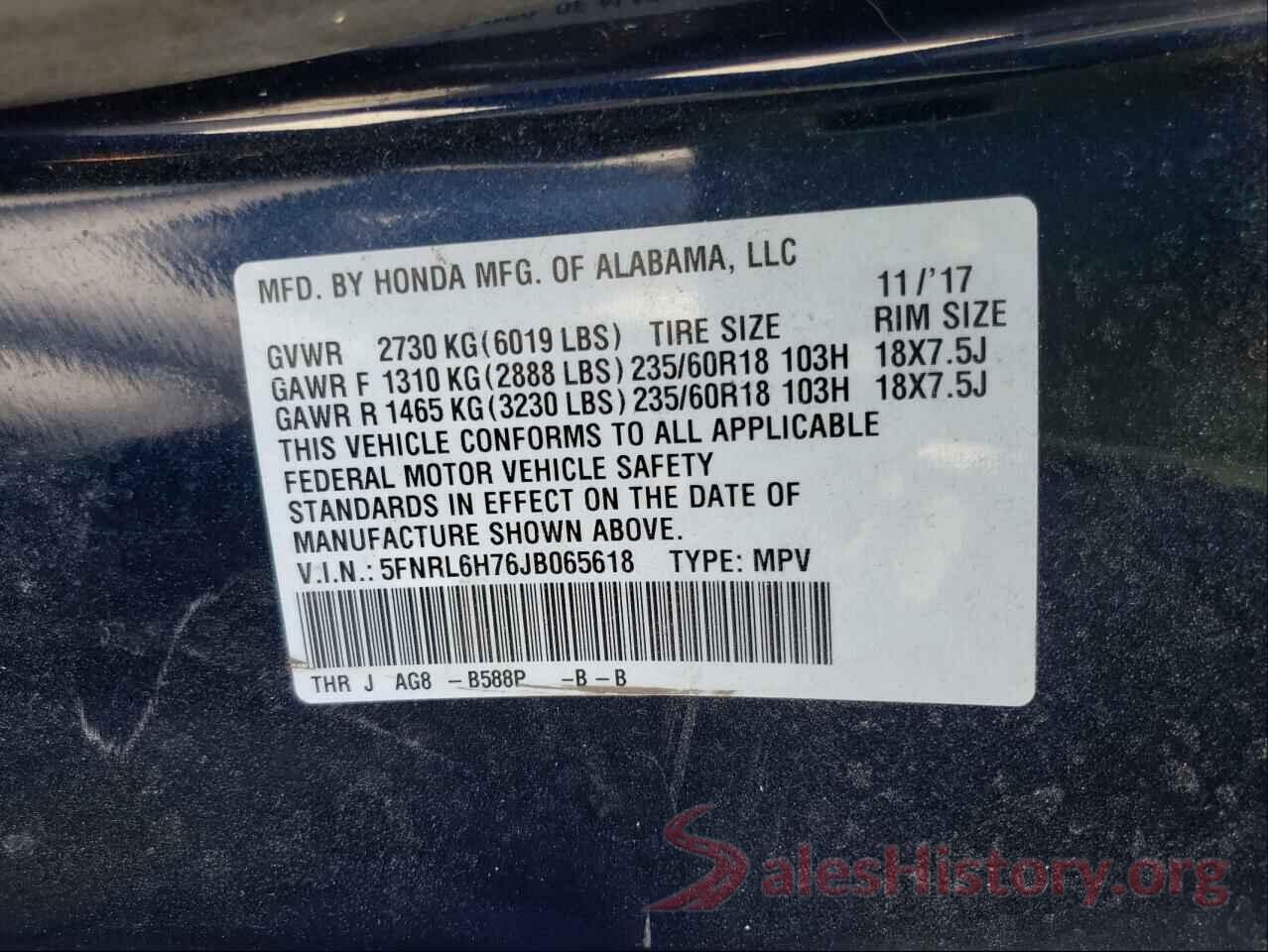 5FNRL6H76JB065618 2018 HONDA ODYSSEY