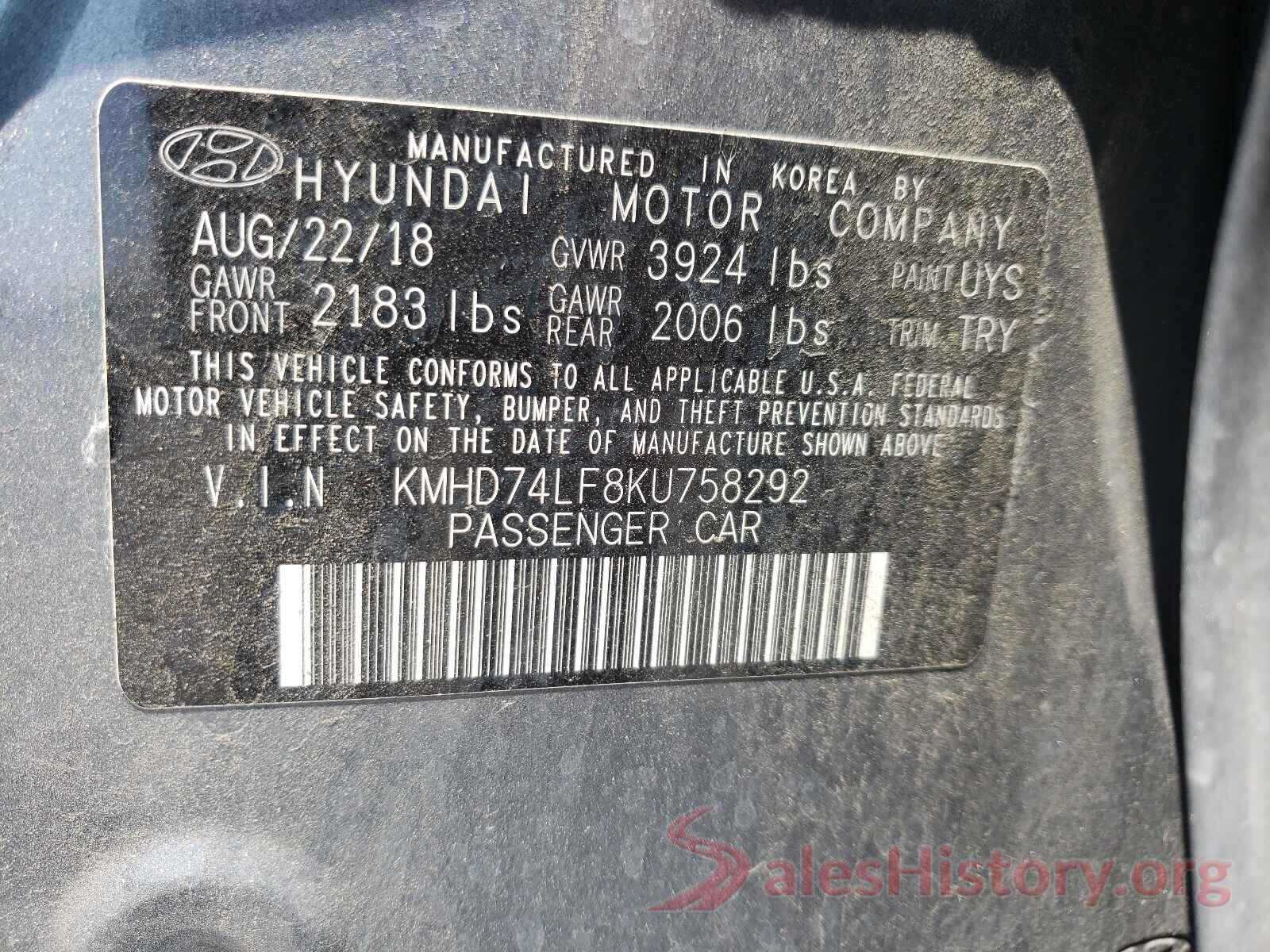 KMHD74LF8KU758292 2019 HYUNDAI ELANTRA