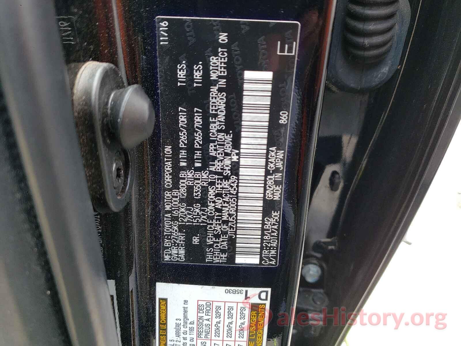 JTEZU5JR0G5145439 2016 TOYOTA 4RUNNER