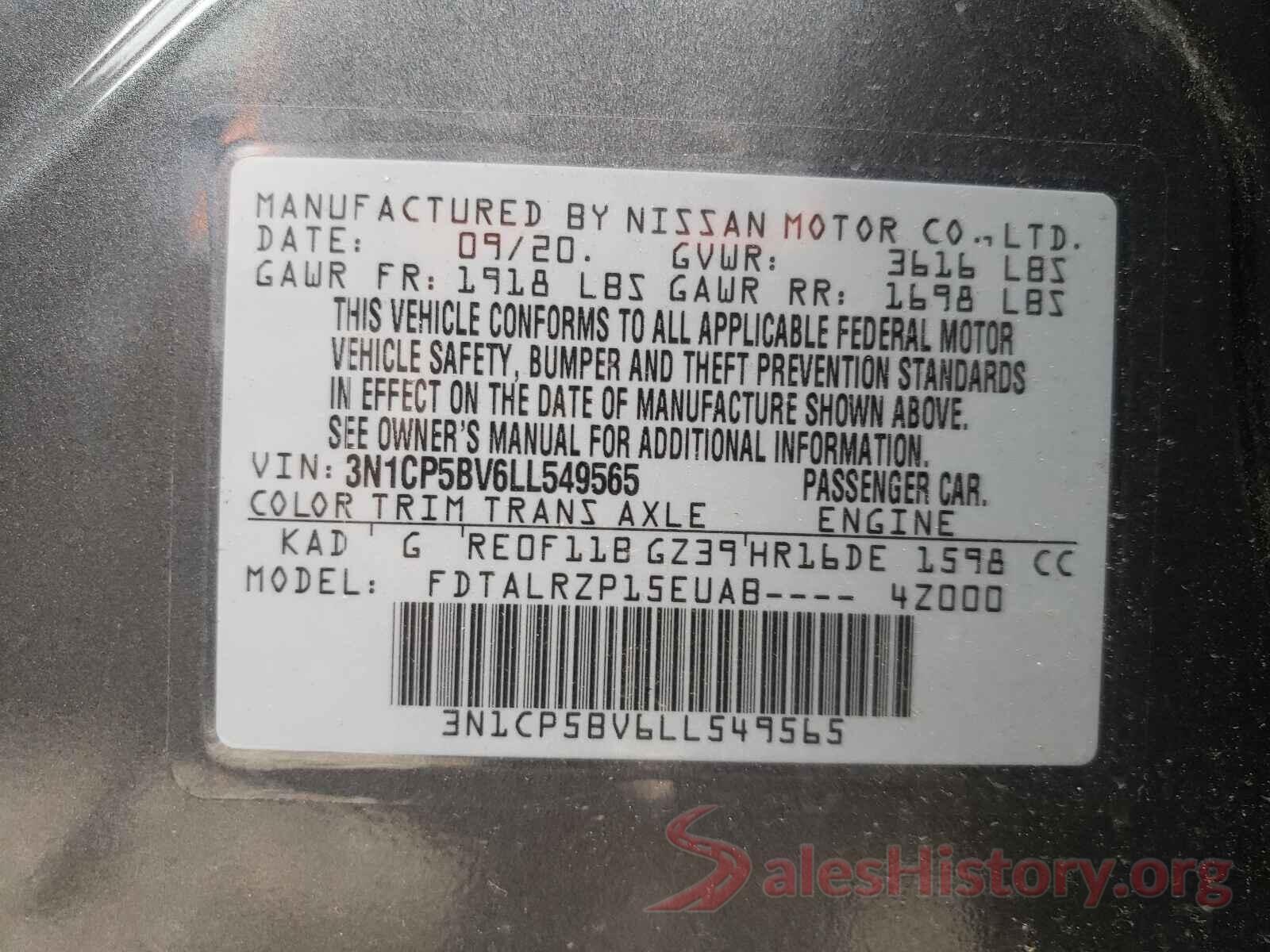 3N1CP5BV6LL549565 2020 NISSAN KICKS