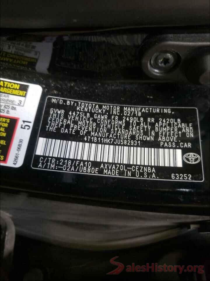 4T1B11HK7JU582931 2018 TOYOTA CAMRY