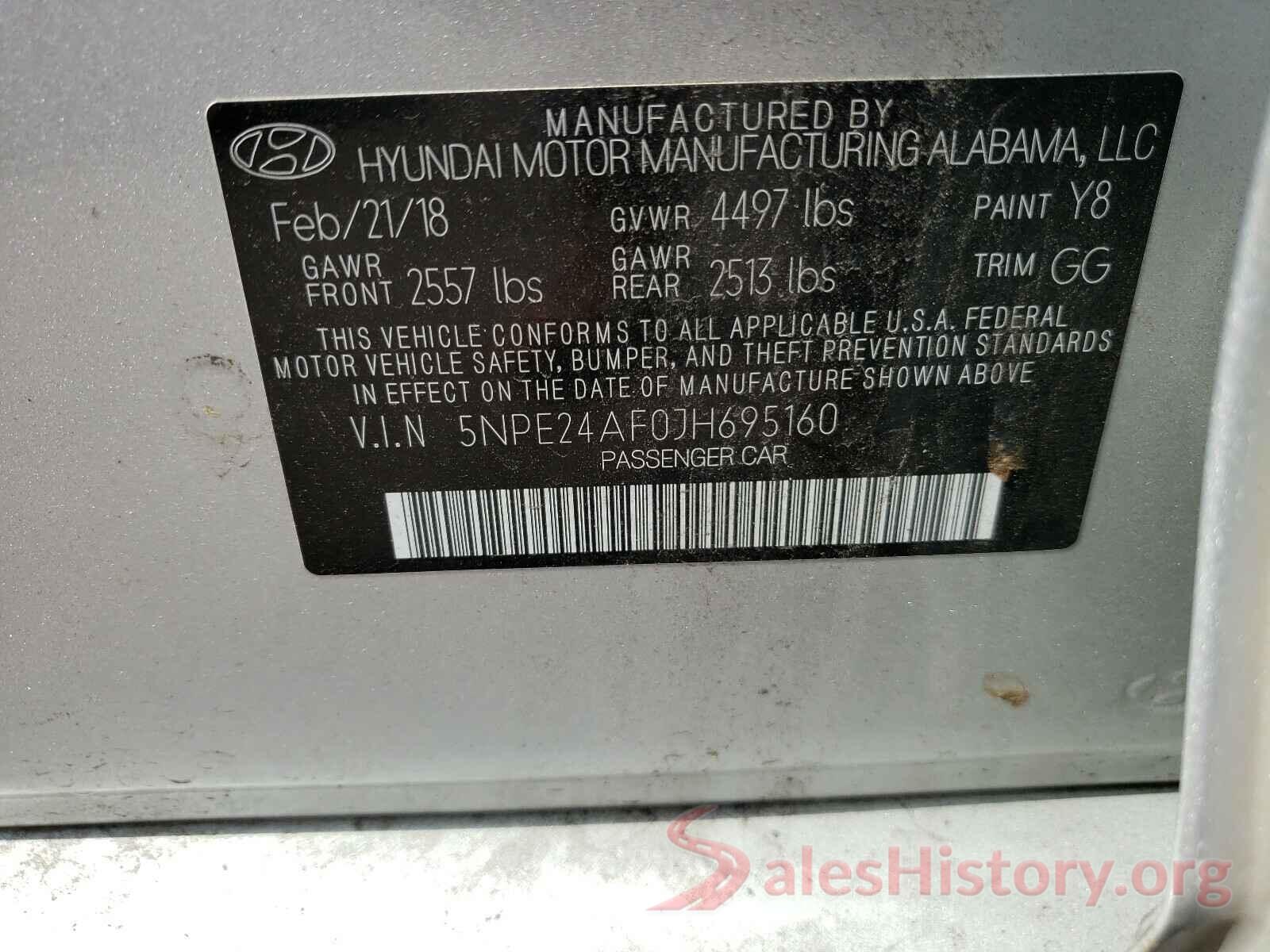 5NPE24AF0JH695160 2018 HYUNDAI SONATA