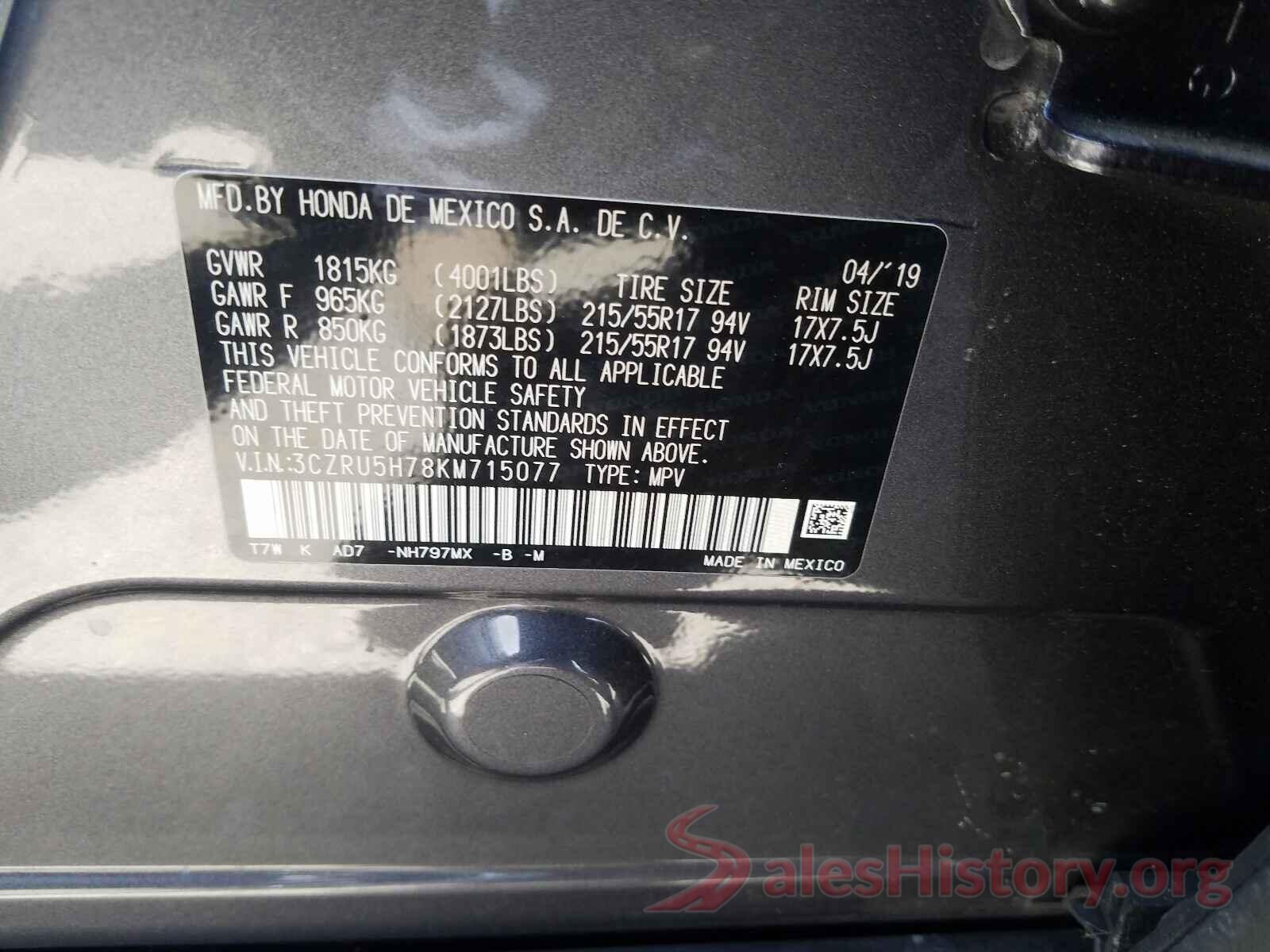 3CZRU5H78KM715077 2019 HONDA HR-V