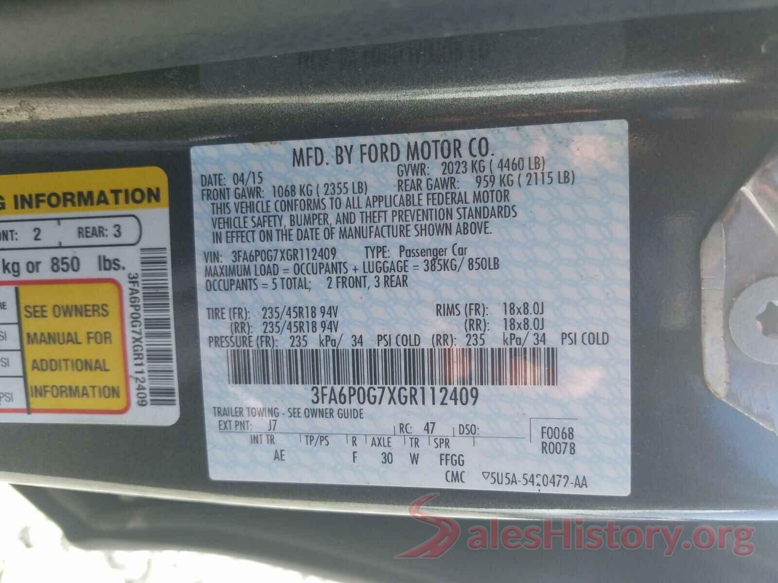 3FA6P0G7XGR112409 2016 FORD FUSION