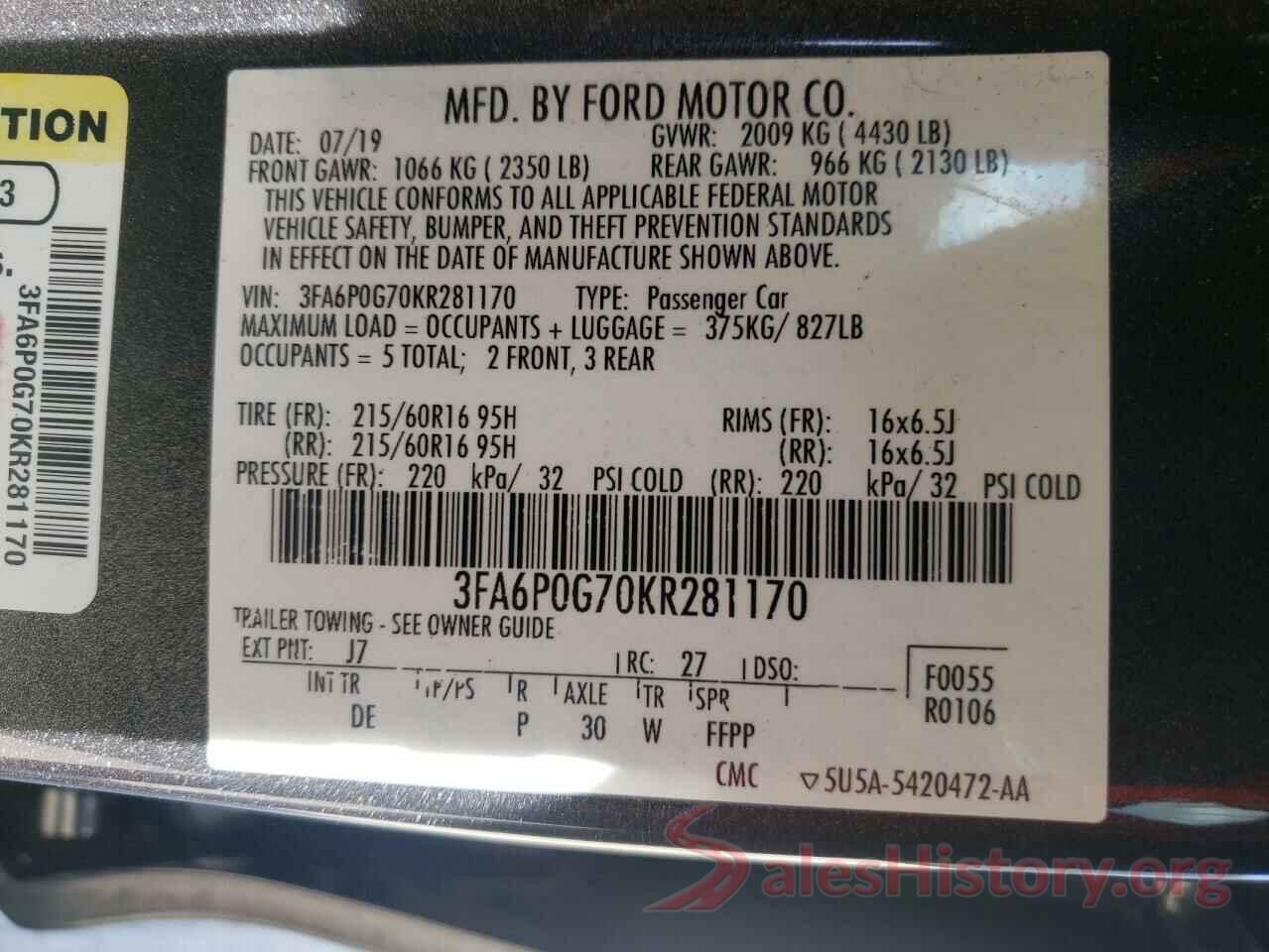 3FA6P0G70KR281170 2019 FORD FUSION