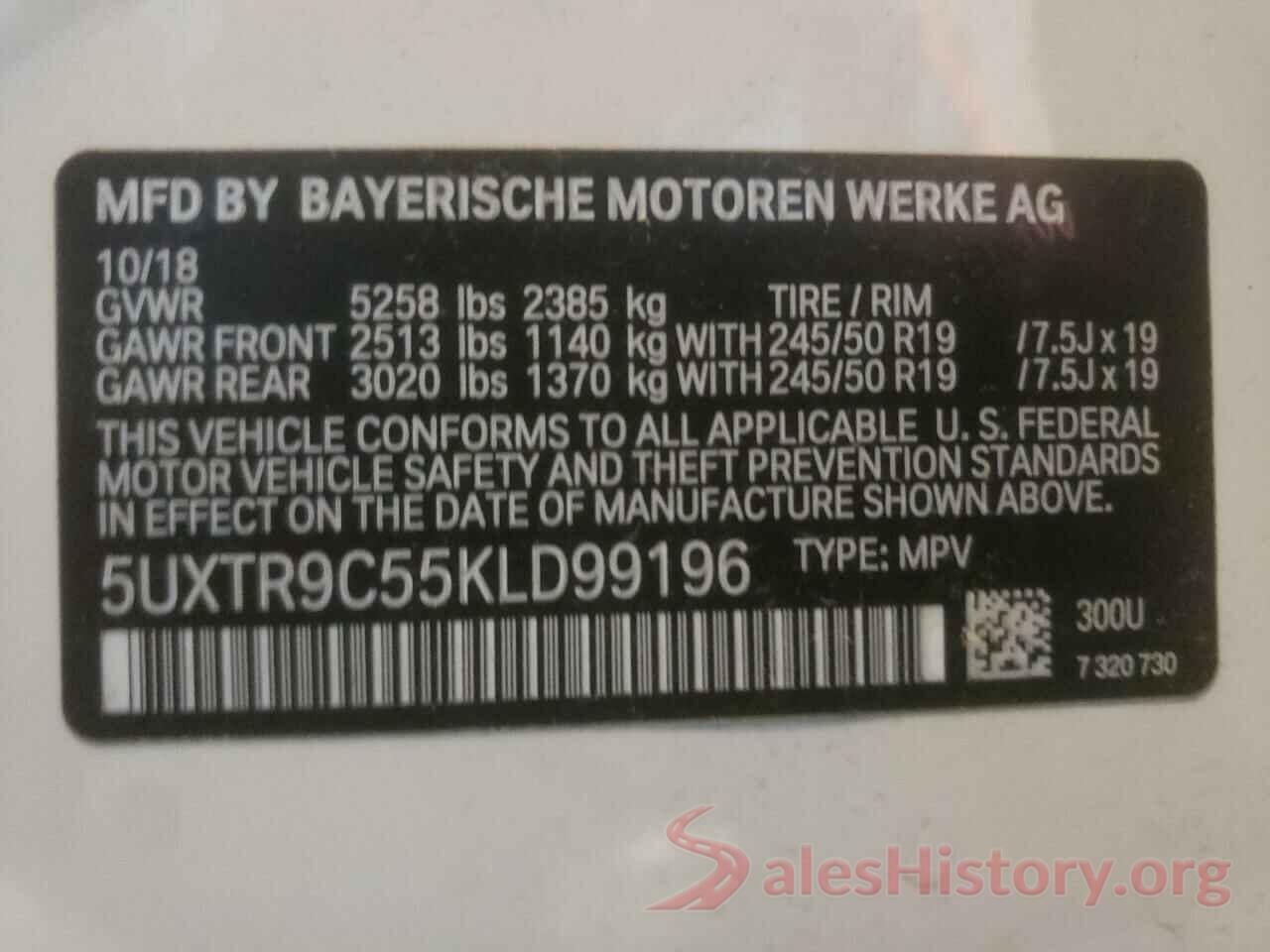 5UXTR9C55KLD99196 2019 BMW X3