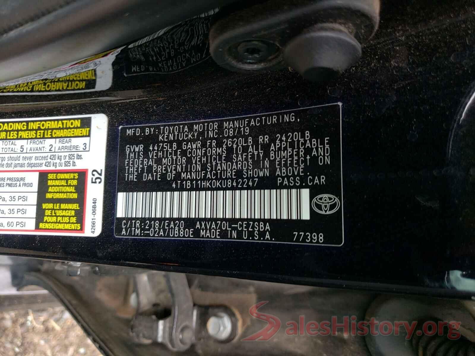 4T1B11HK0KU842247 2019 TOYOTA CAMRY