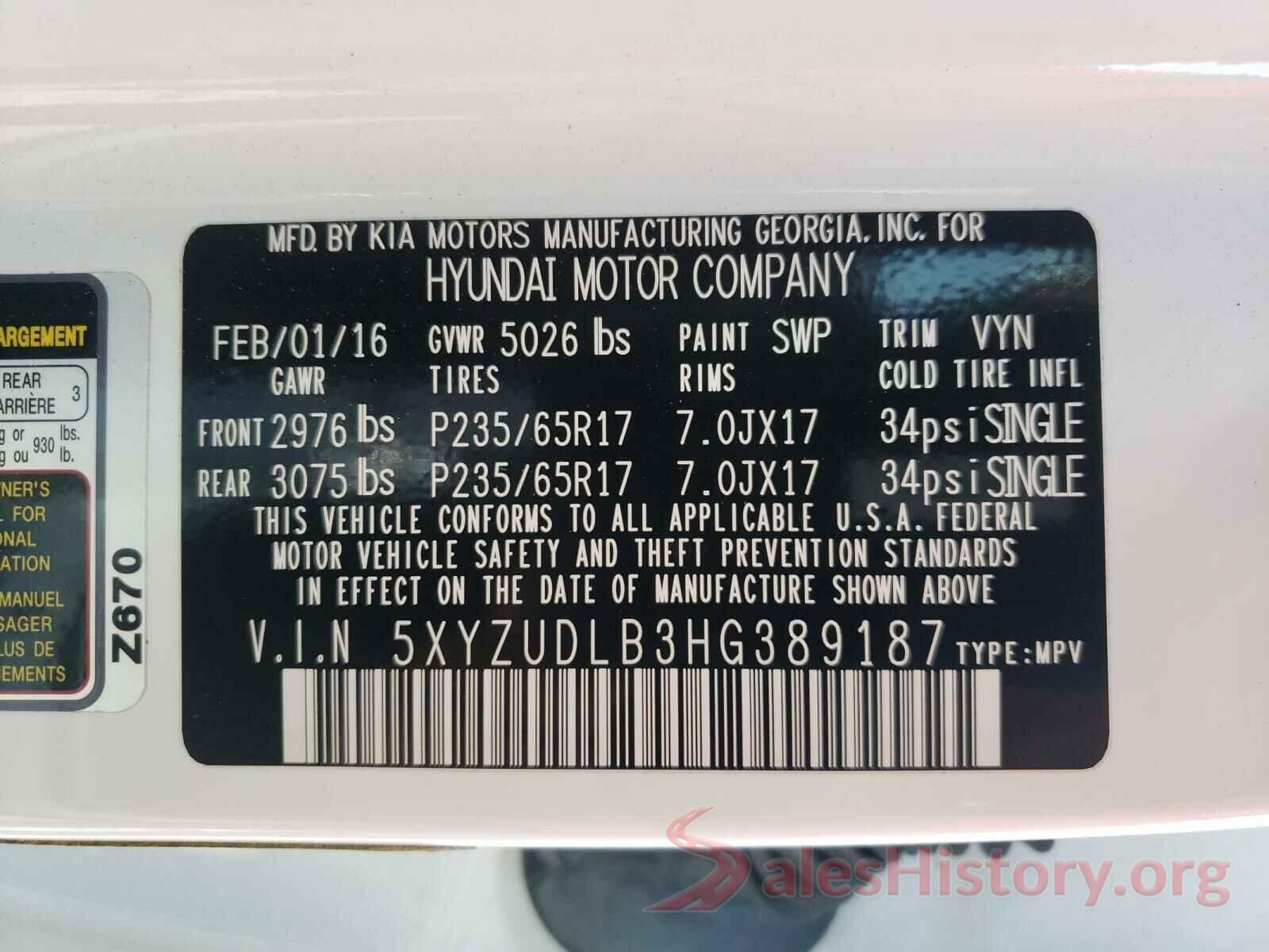 5XYZUDLB3HG389187 2017 HYUNDAI SANTA FE