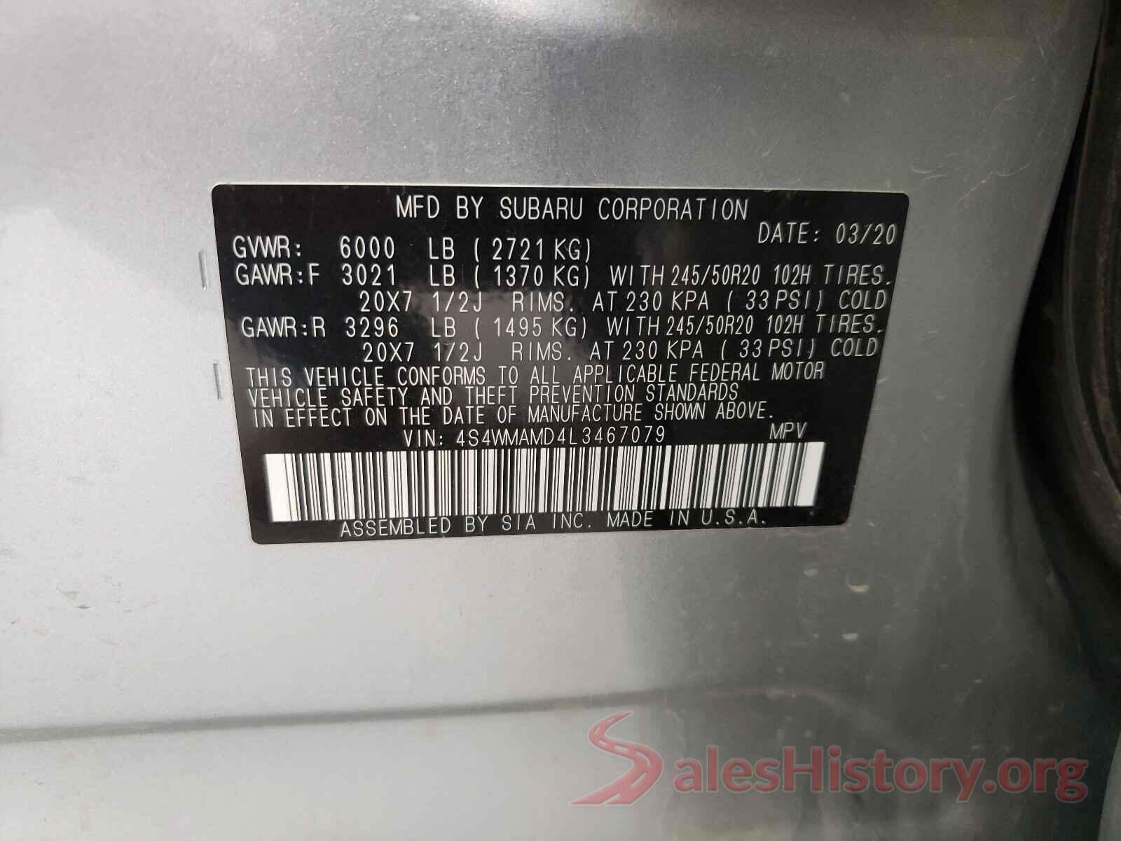 4S4WMAMD4L3467079 2020 SUBARU ASCENT