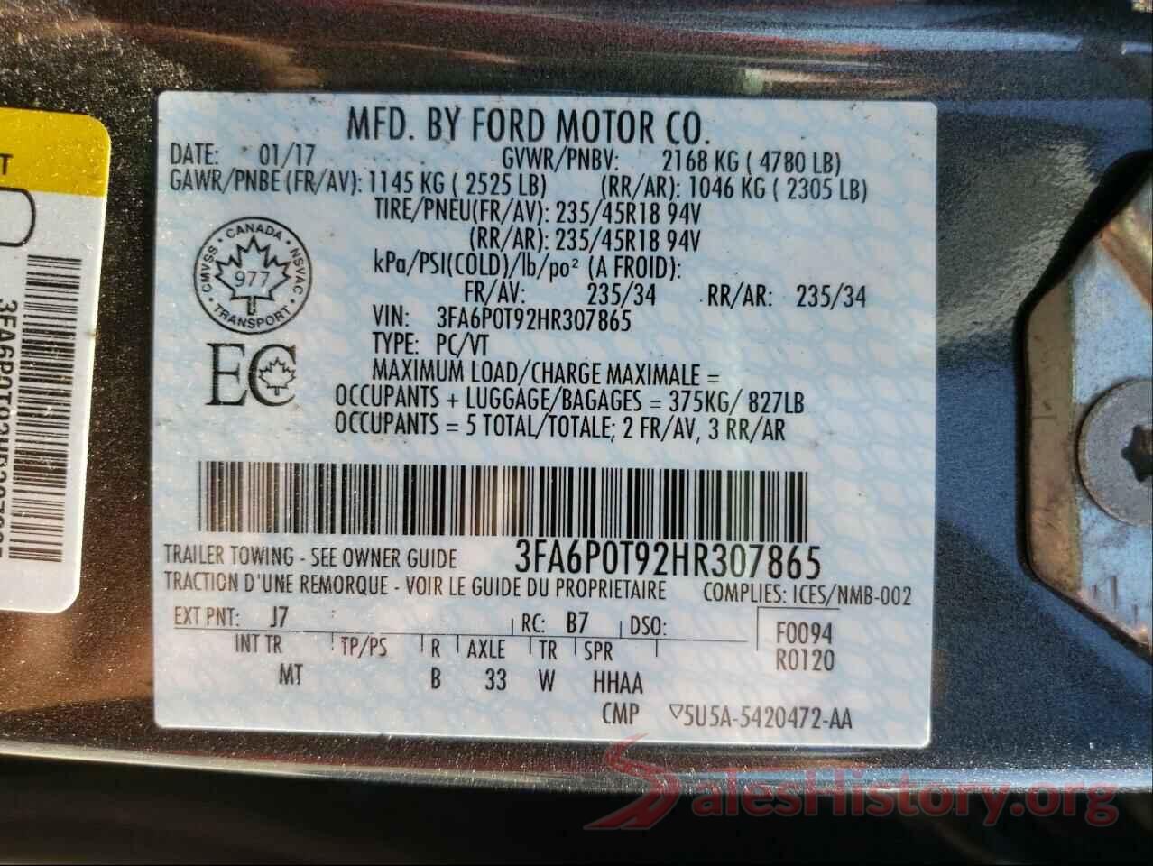 3FA6P0T92HR307865 2017 FORD FUSION