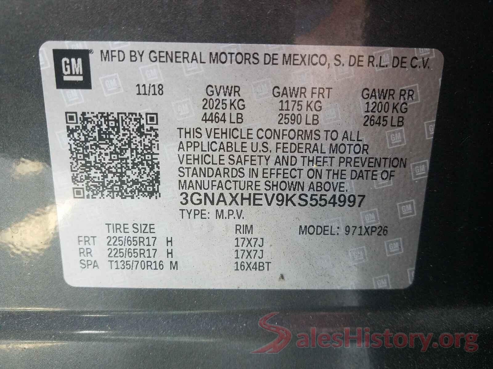 3GNAXHEV9KS554997 2019 CHEVROLET EQUINOX