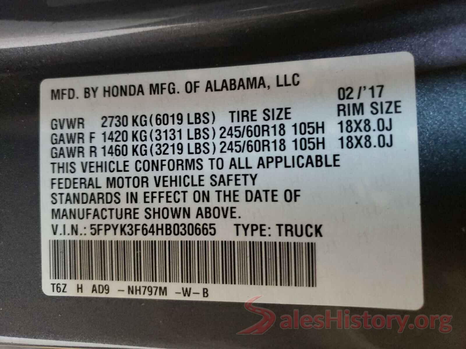 5FPYK3F64HB030665 2017 HONDA RIDGELINE