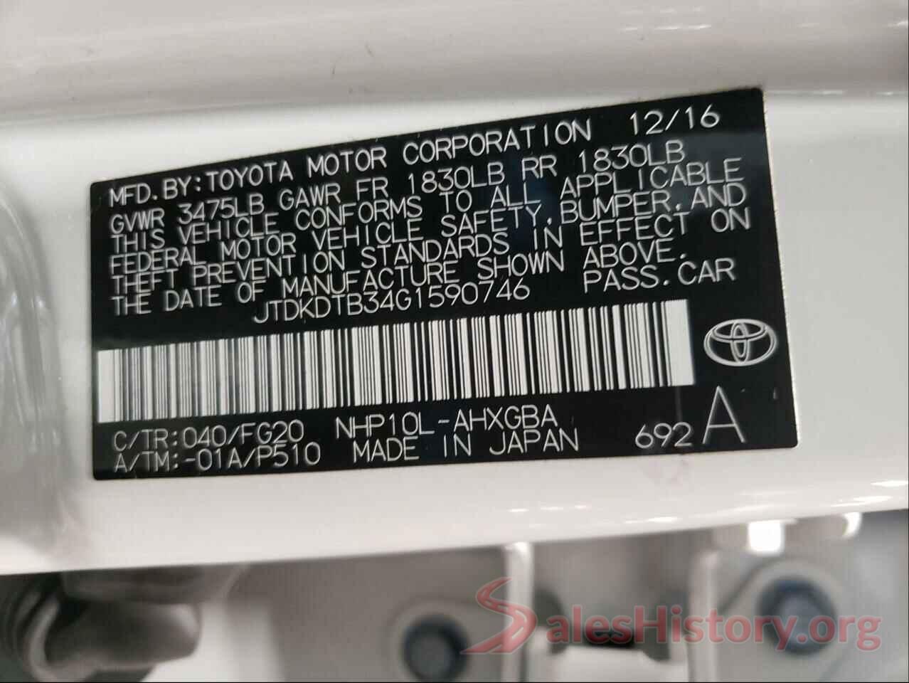 JTDKDTB34G1590746 2016 TOYOTA PRIUS