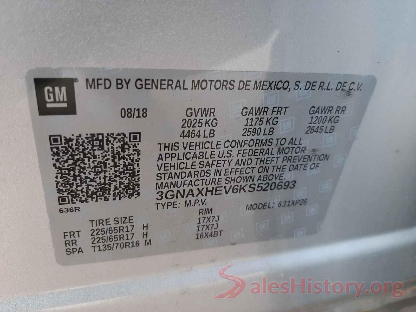 3GNAXHEV6KS520693 2019 CHEVROLET EQUINOX