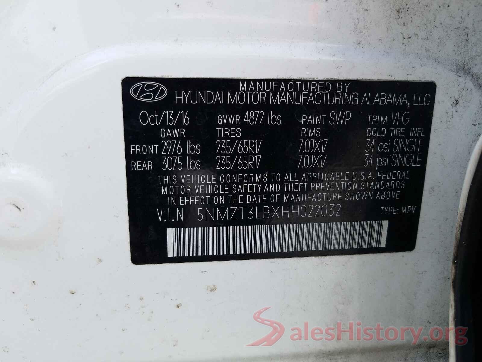 5NMZT3LBXHH022032 2017 HYUNDAI SANTA FE