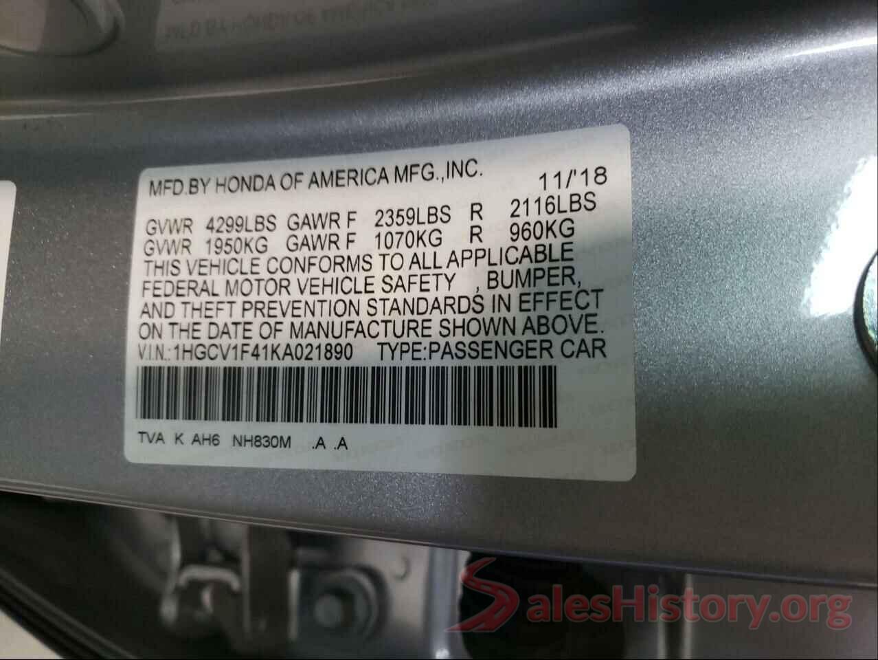 1HGCV1F41KA021890 2019 HONDA ACCORD