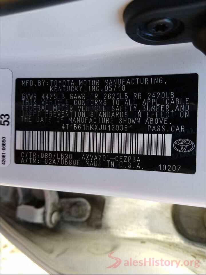 4T1B61HKXJU120381 2018 TOYOTA CAMRY