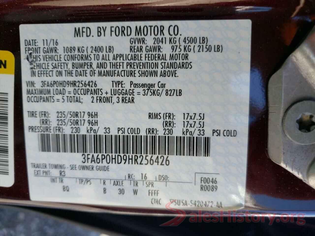 3FA6P0HD9HR256426 2017 FORD FUSION