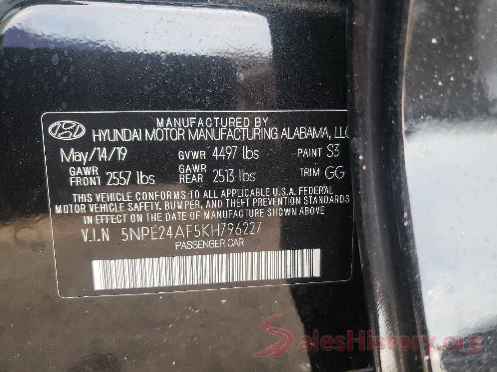 5NPE24AF5KH796227 2019 HYUNDAI SONATA