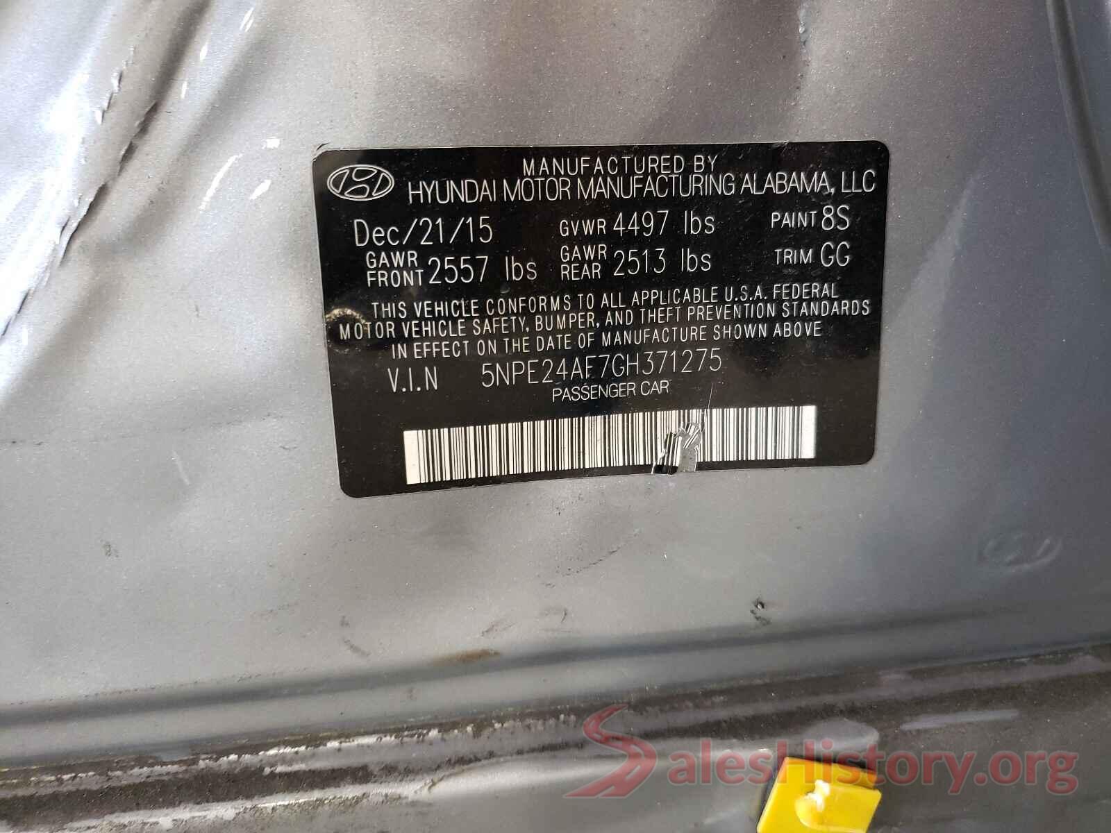 5NPE24AF7GH371275 2016 HYUNDAI SONATA