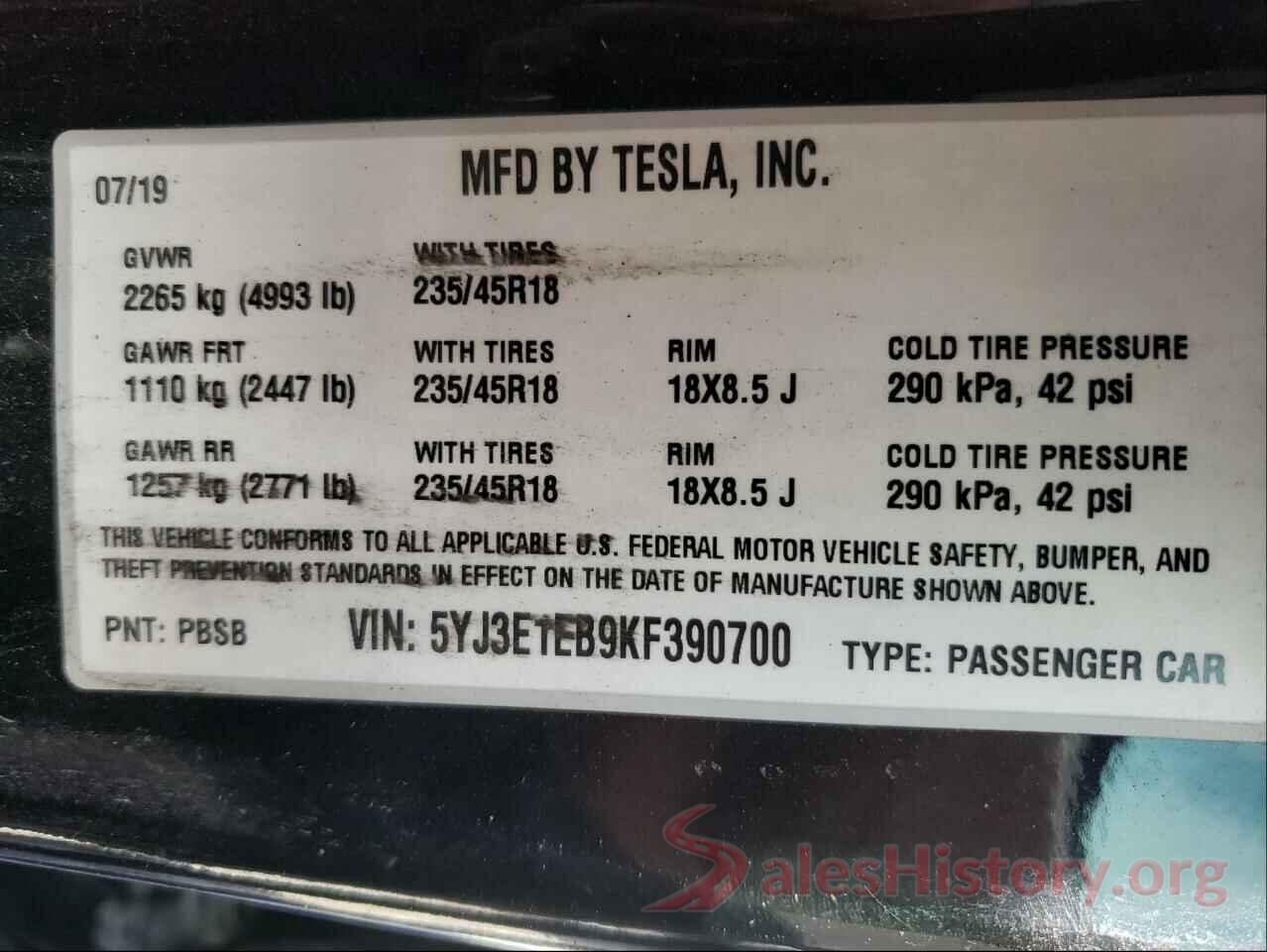 5YJ3E1EB9KF390700 2019 TESLA MODEL 3