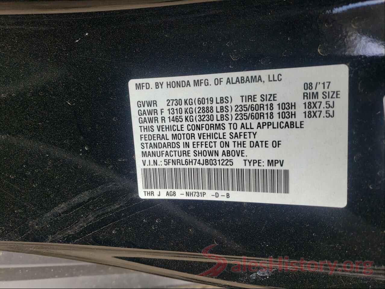 5FNRL6H74JB031225 2018 HONDA ODYSSEY