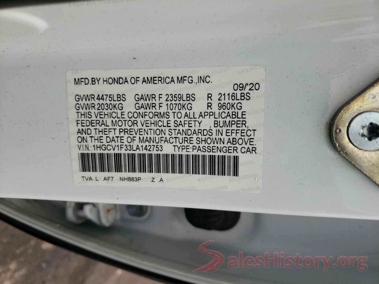 1HGCV1F33LA142753 2020 HONDA ACCORD