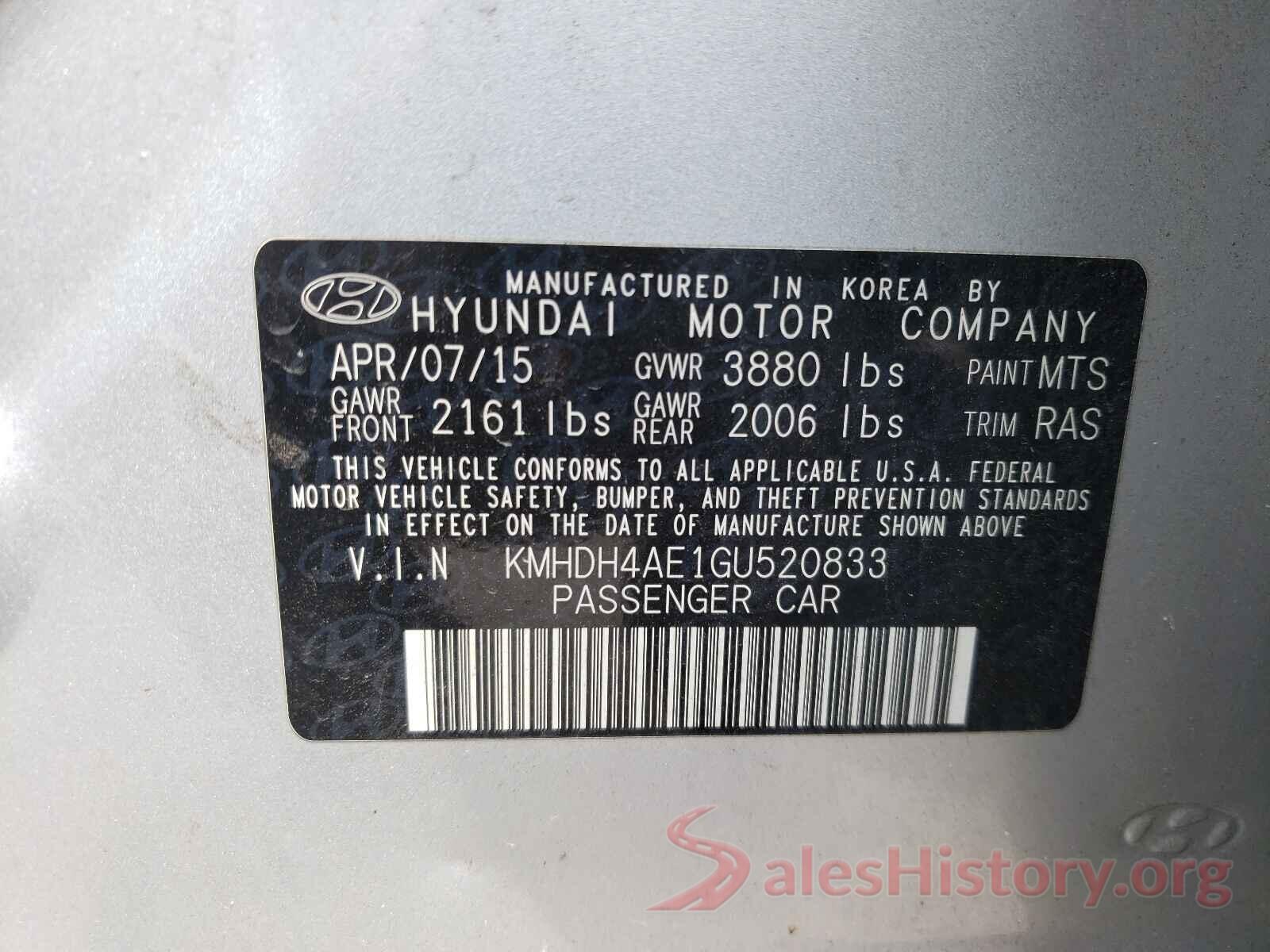 KMHDH4AE1GU520833 2016 HYUNDAI ELANTRA