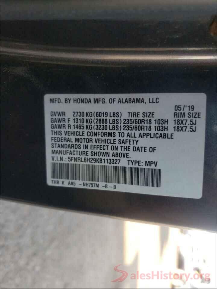 5FNRL6H29KB113327 2019 HONDA ODYSSEY