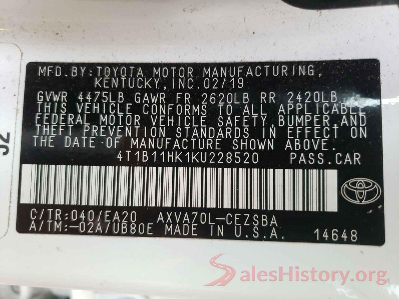 4T1B11HK1KU228520 2019 TOYOTA CAMRY