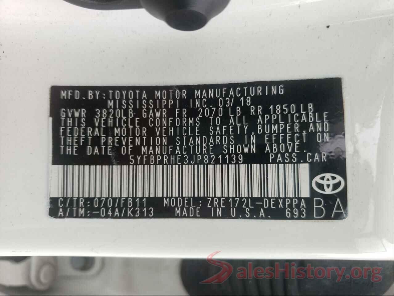 5YFBPRHE3JP821139 2018 TOYOTA COROLLA