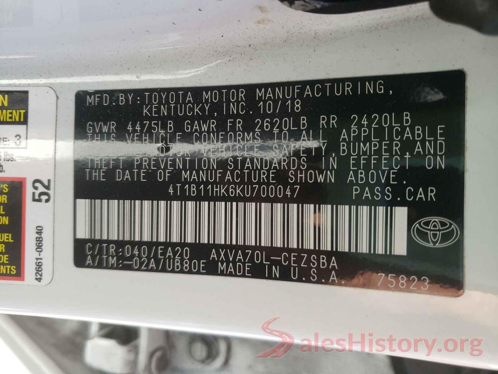 4T1B11HK6KU700047 2019 TOYOTA CAMRY