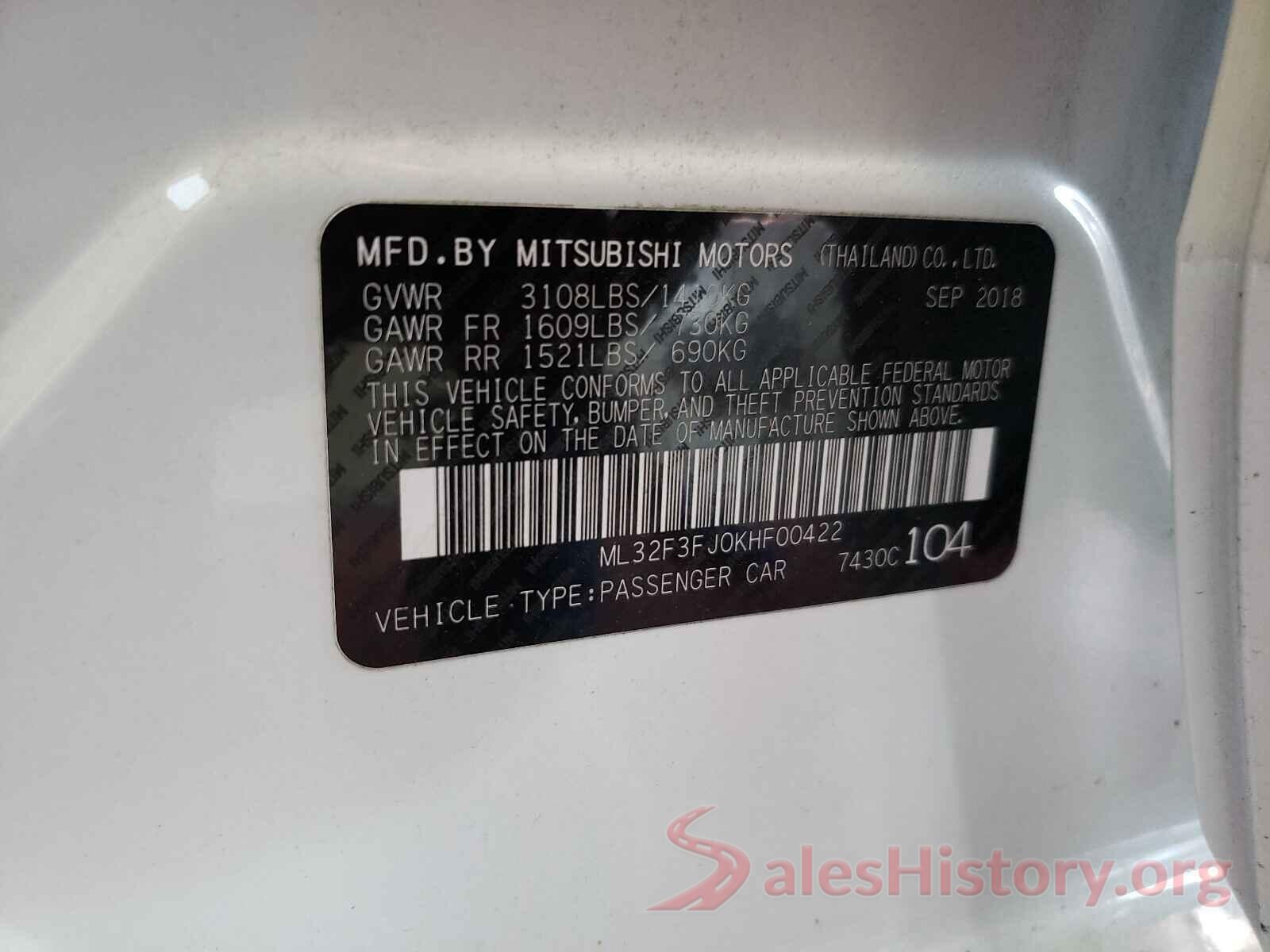 ML32F3FJ0KHF00422 2019 MITSUBISHI MIRAGE