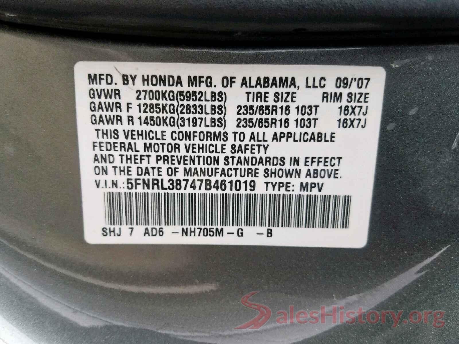 5FNRL38747B461019 2007 HONDA ODYSSEY EX