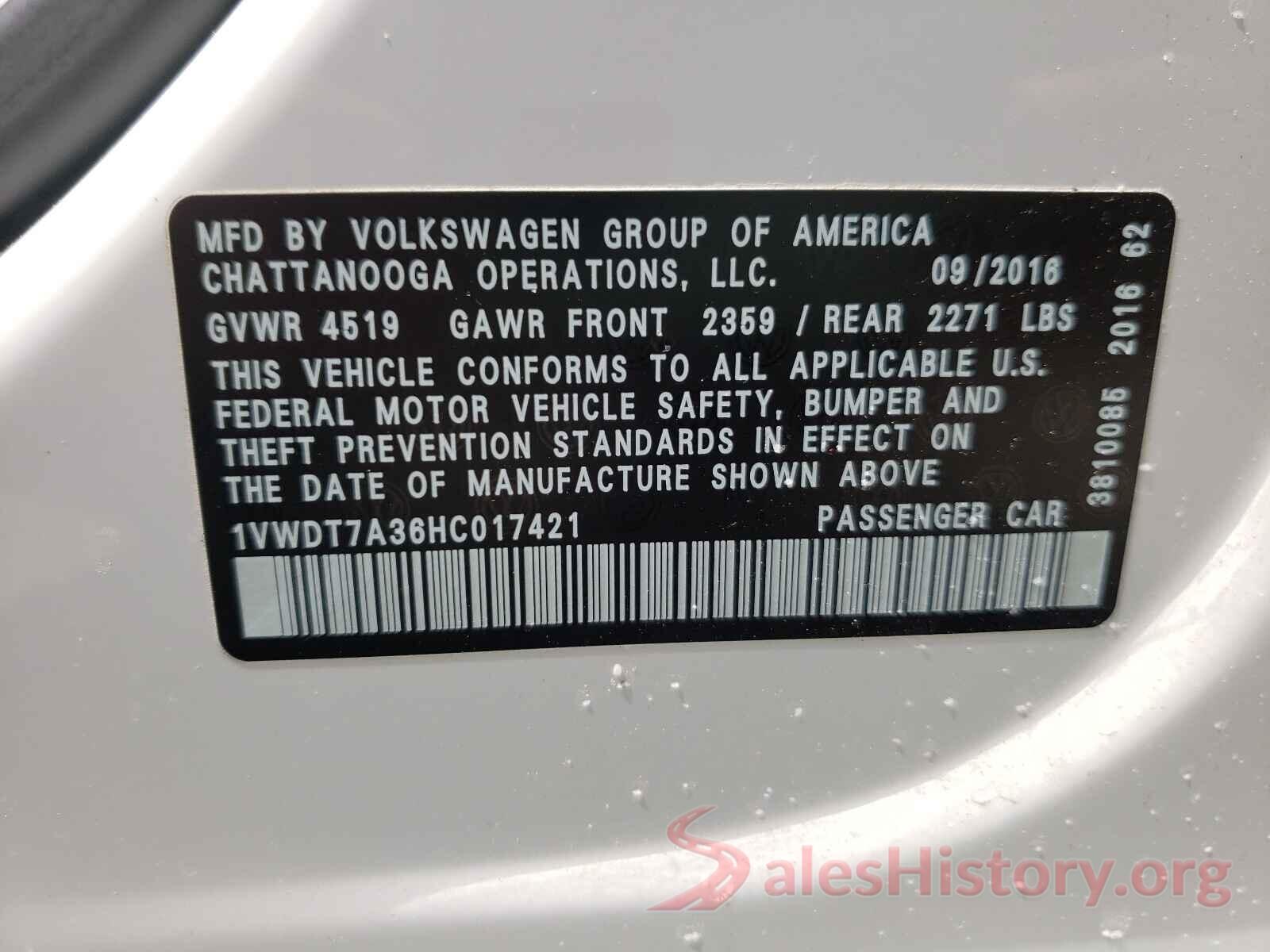 1VWDT7A36HC017421 2017 VOLKSWAGEN PASSAT