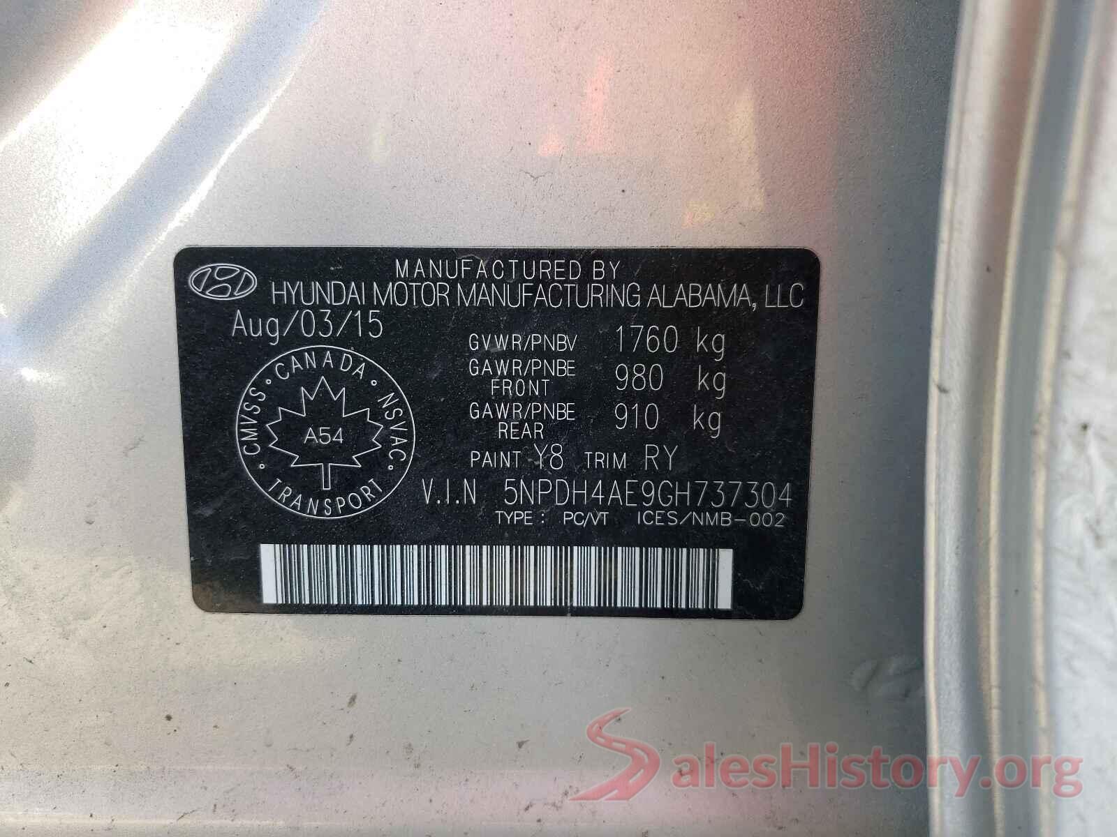 5NPDH4AE9GH737304 2016 HYUNDAI ELANTRA