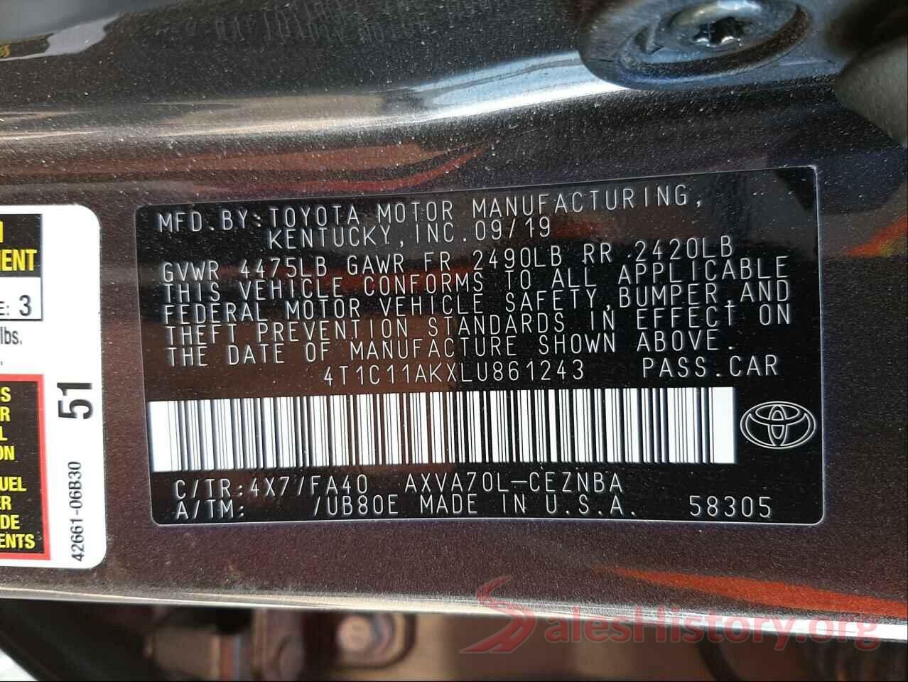 4T1C11AKXLU861243 2020 TOYOTA CAMRY