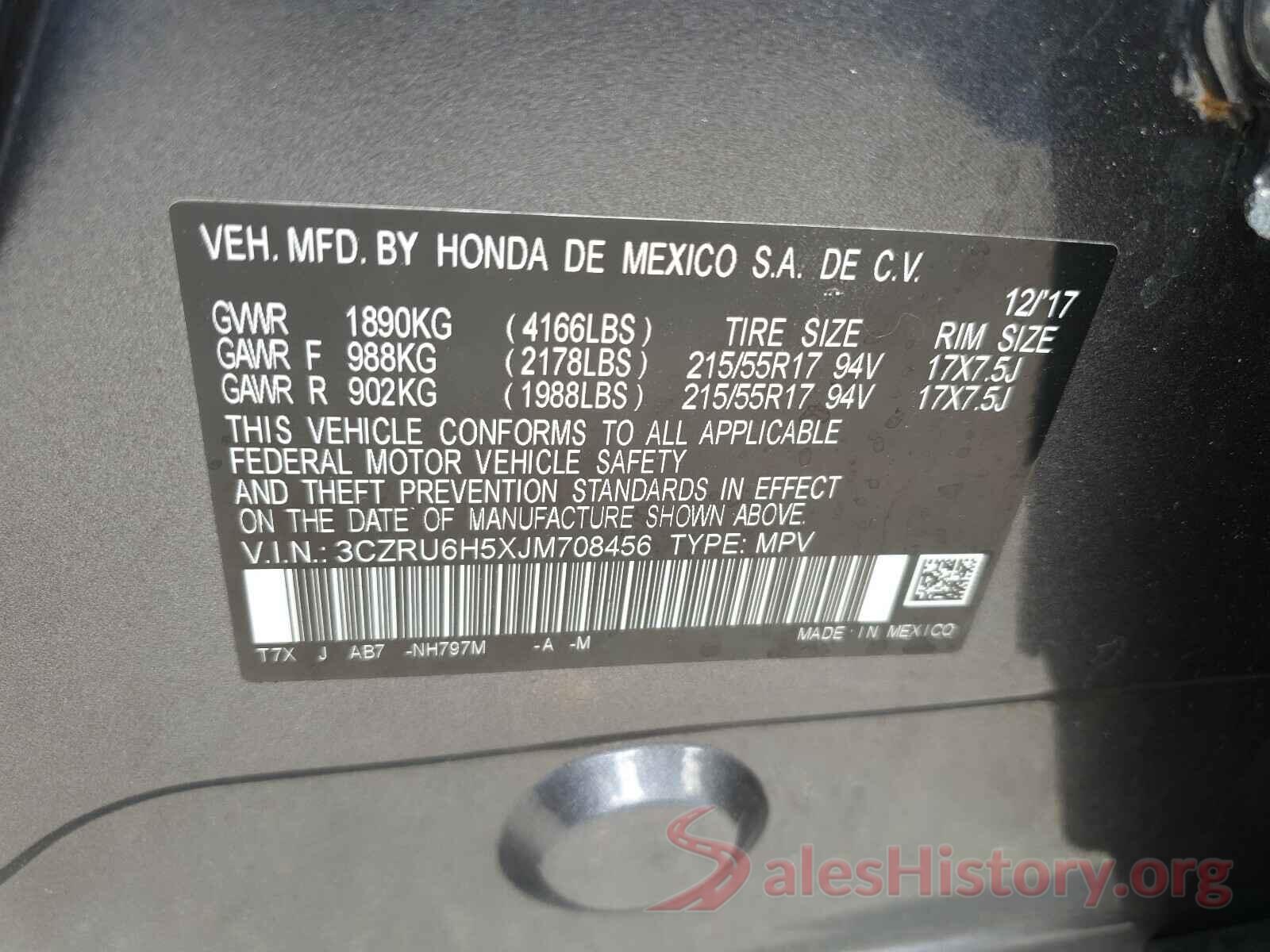 3CZRU6H5XJM708456 2018 HONDA HR-V