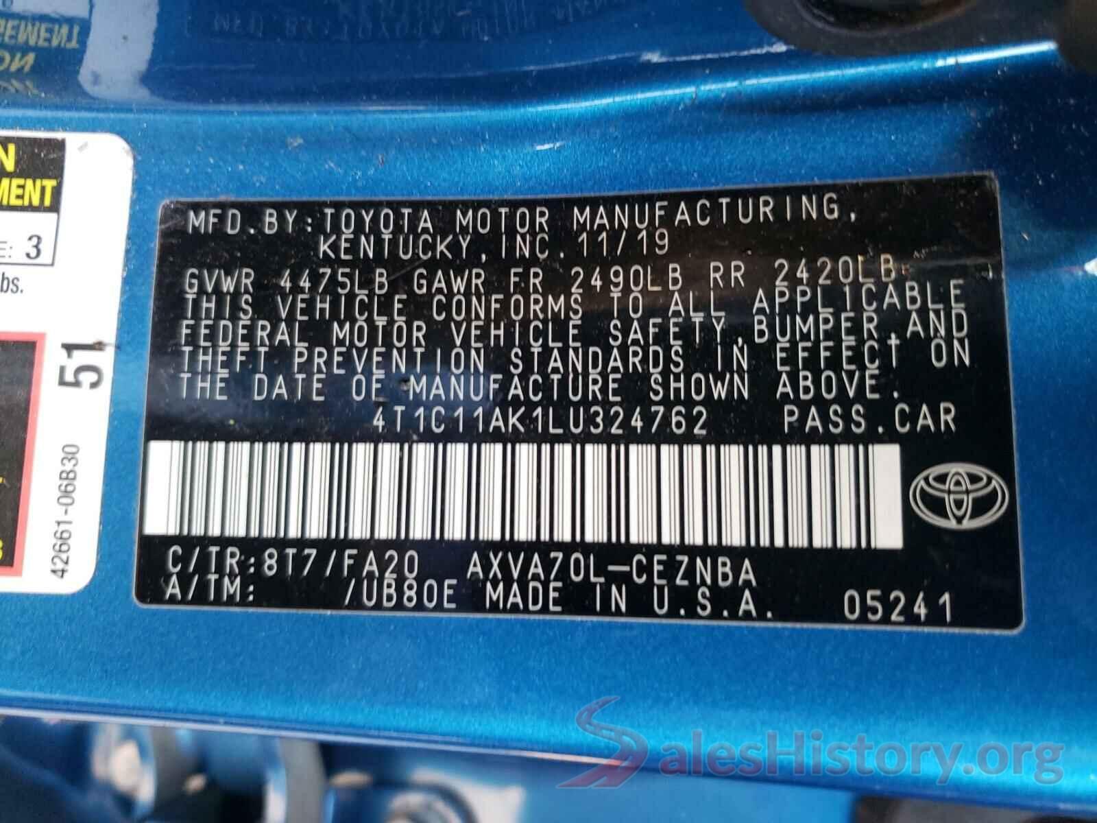 4T1C11AK1LU324762 2020 TOYOTA CAMRY