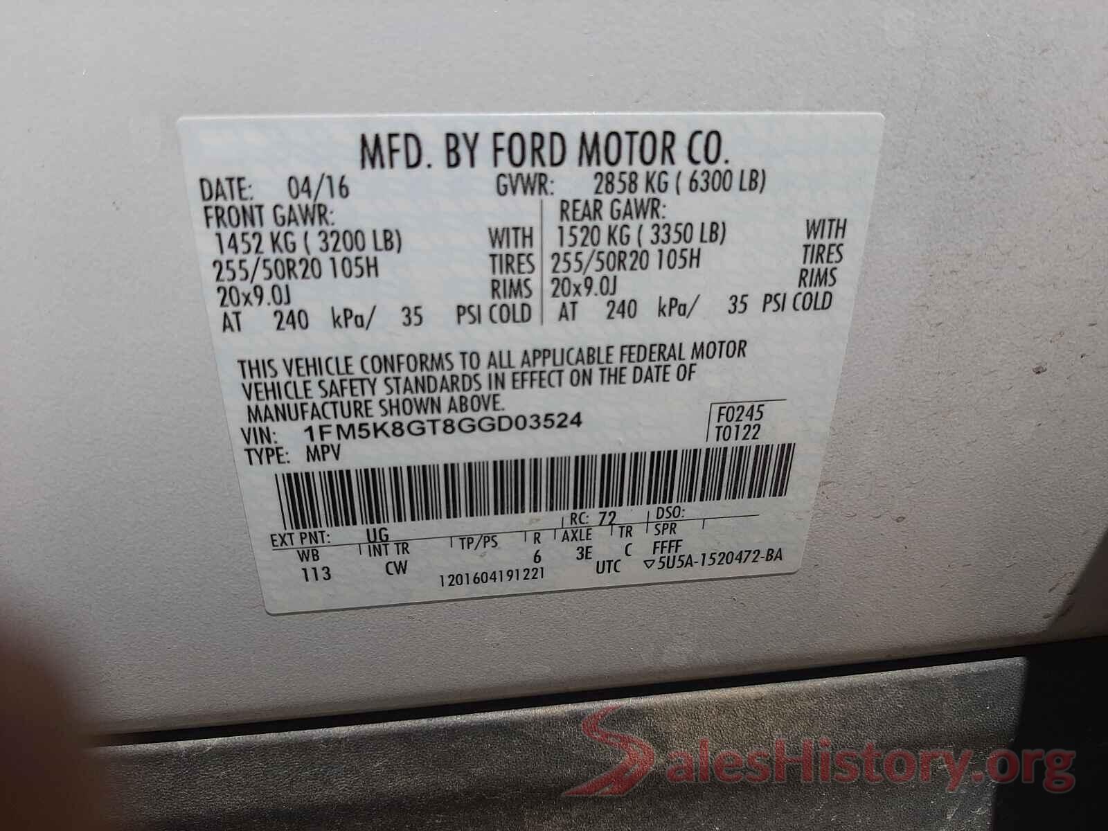 1FM5K8GT8GGD03524 2016 FORD EXPLORER